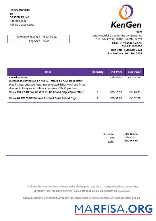 Downloadable Kenya KenGen Electricity Generating Company business utility bill template in Word and PDF formats